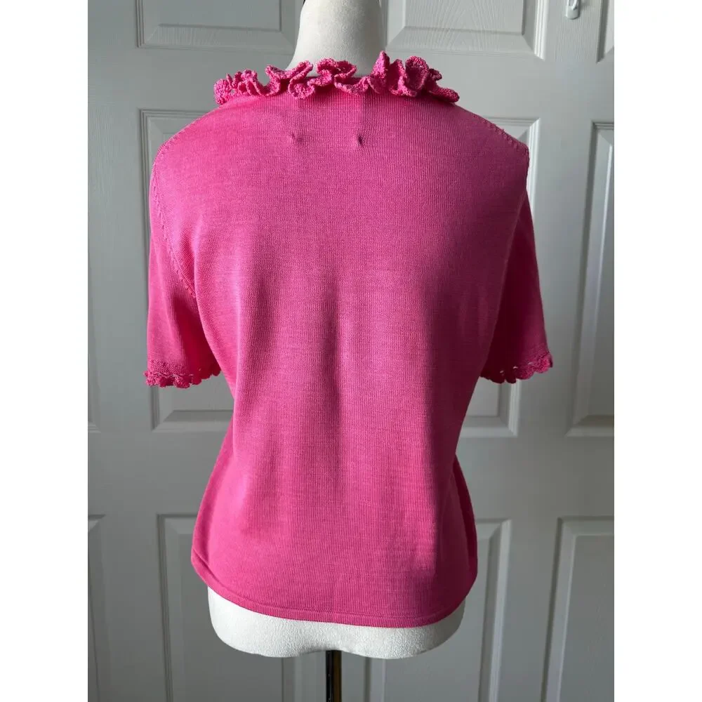 Michael Simon Pink Ruffle Cardigan Vintage Y2K Silk Cotton Blend Small Artsy Top